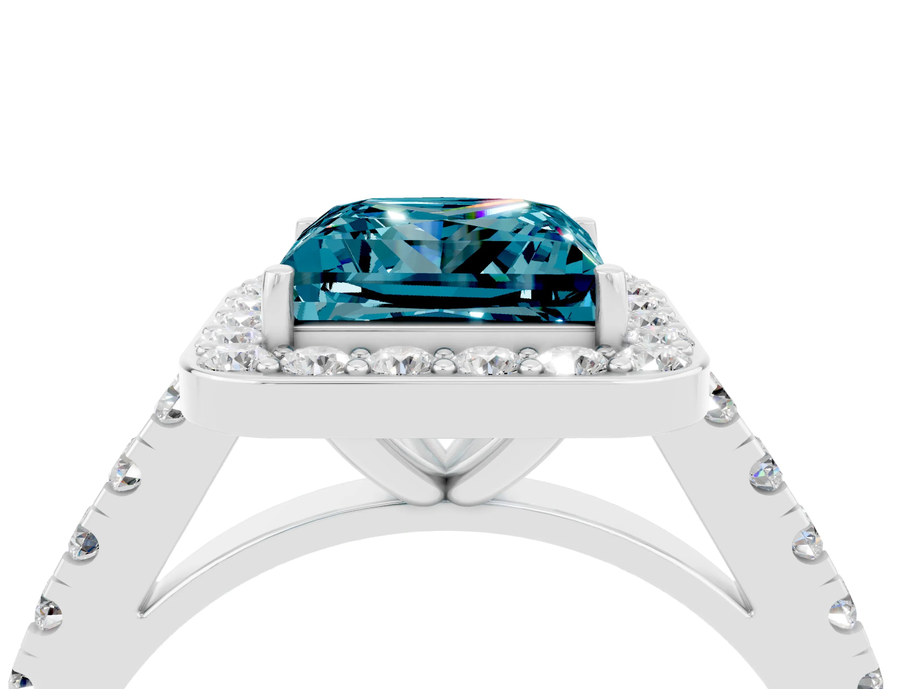 White gold Princess Cut Halo Diamond Ring with Pavé Band and Three-Prong Setting_4