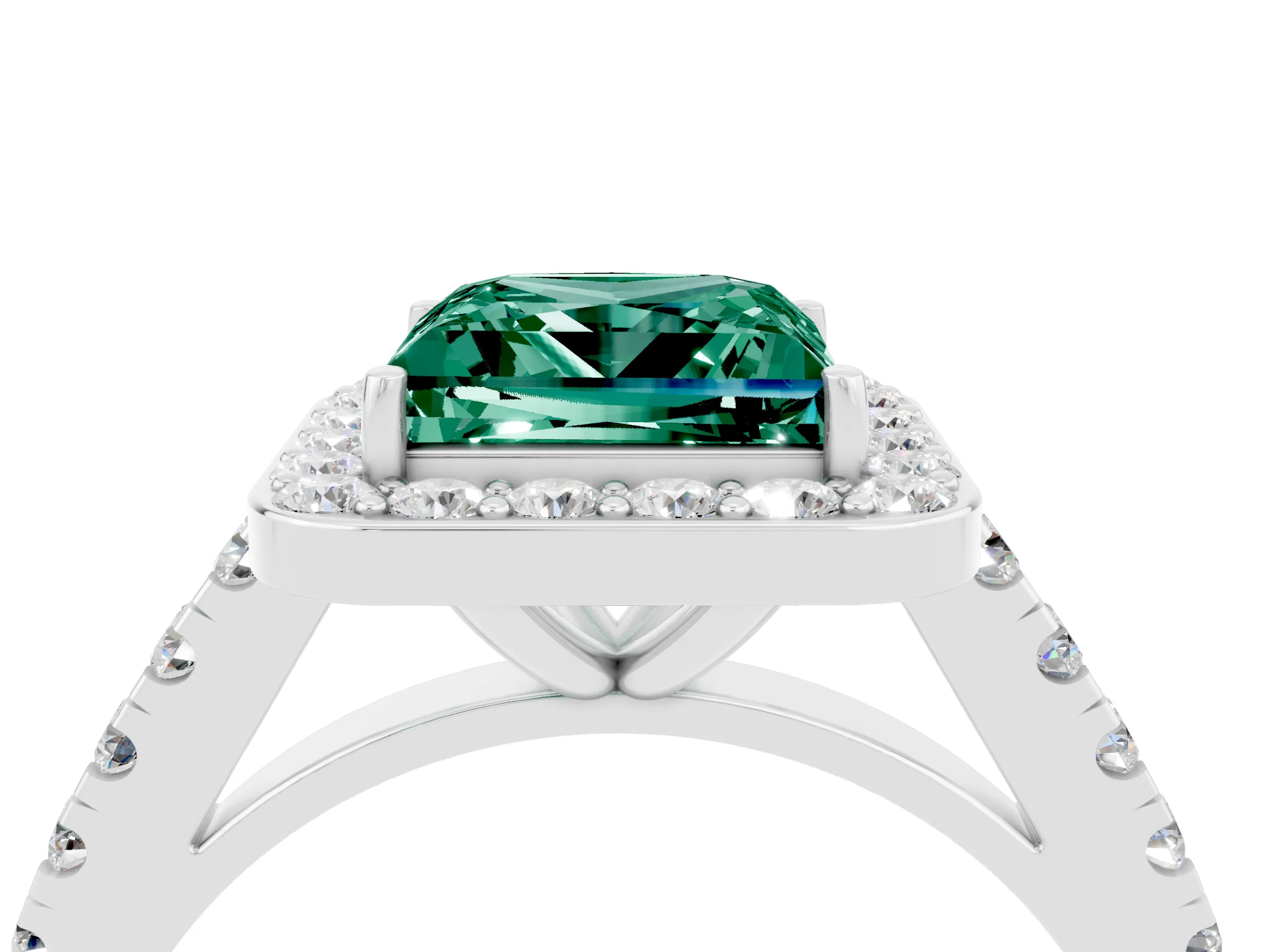 White gold Princess Cut Halo Diamond Ring with Pavé Band and Three-Prong Setting_4