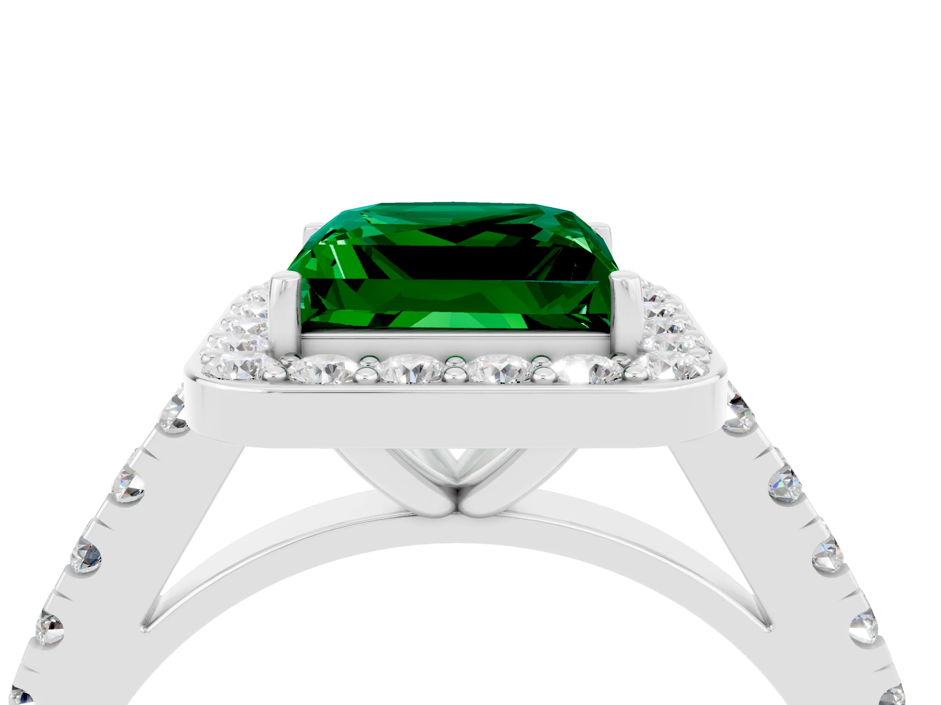 White gold Princess Cut Halo Diamond Ring with Pavé Band and Three-Prong Setting_4