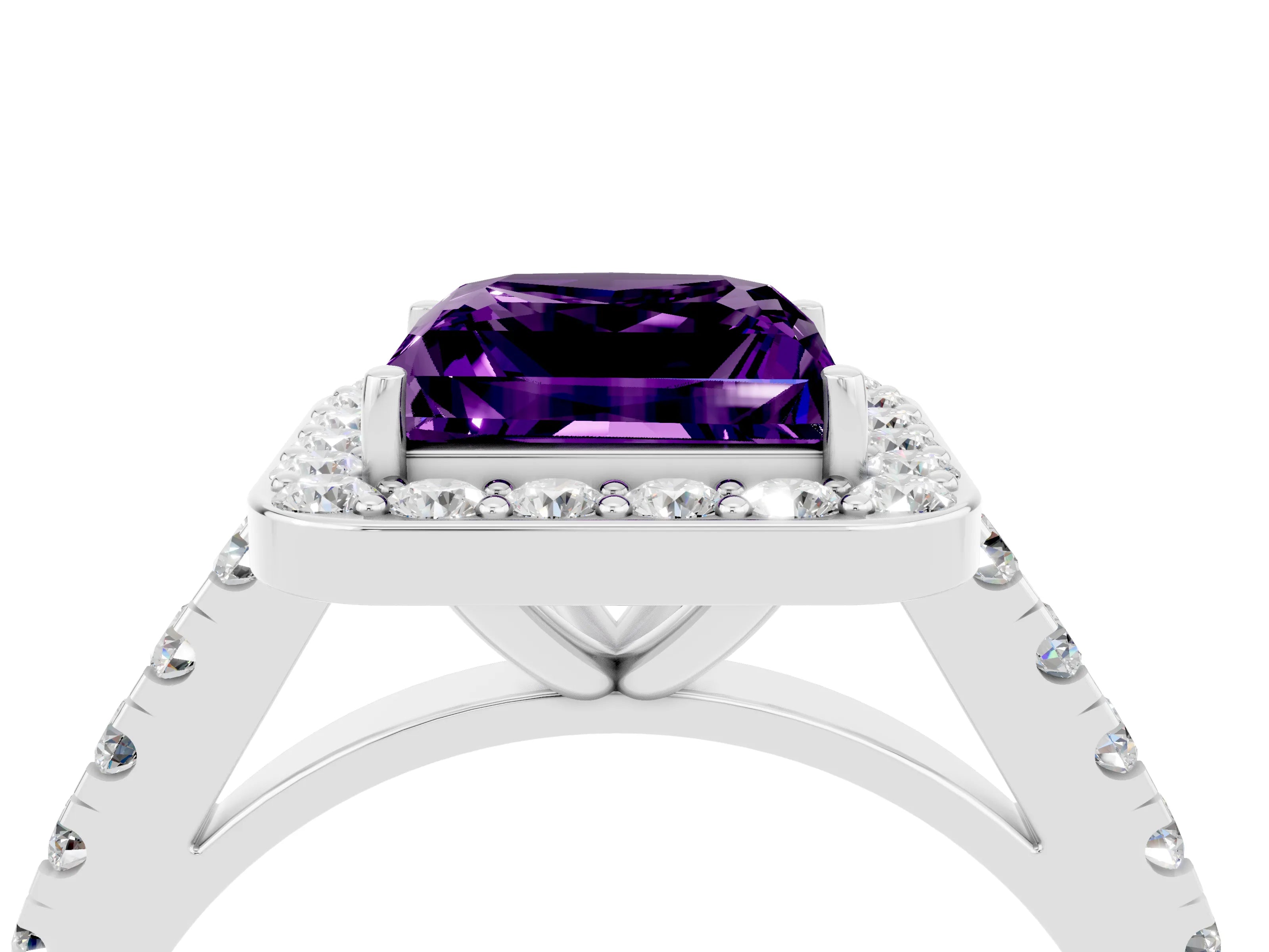 White gold Princess Cut Halo Diamond Ring with Pavé Band and Three-Prong Setting_4