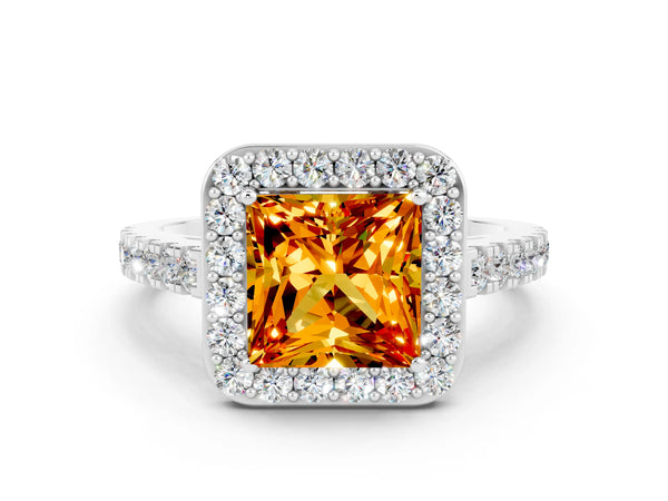 Platinum Princess Cut Citrine Halo Ring with Round Pavé Split Shank and Prong Setting