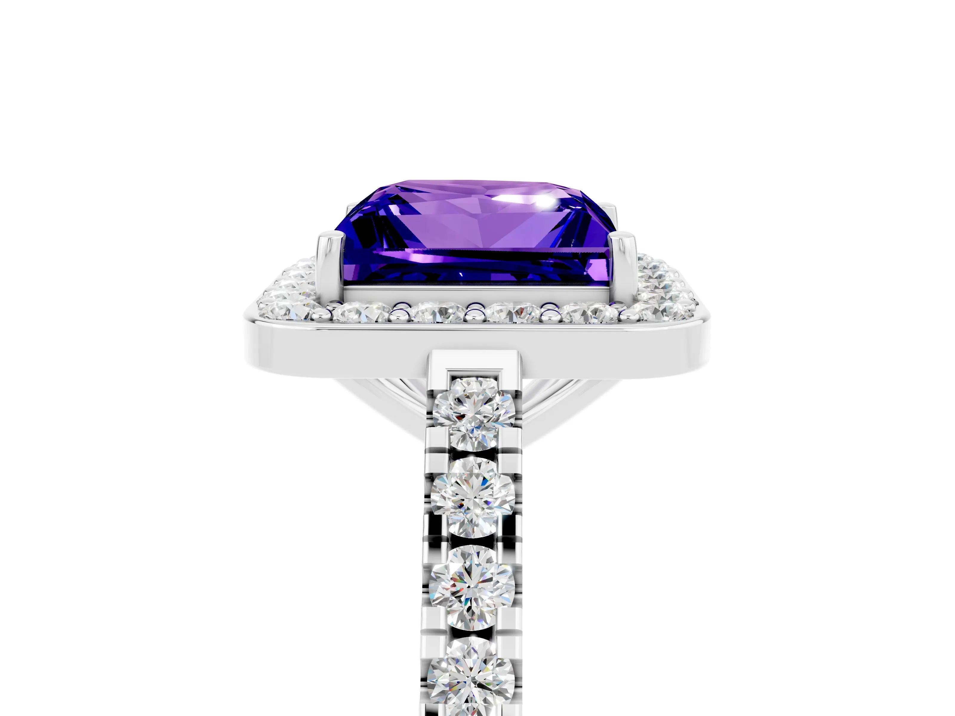 White gold Princess Cut Halo Diamond Ring with Pavé Band and Three-Prong Setting_5