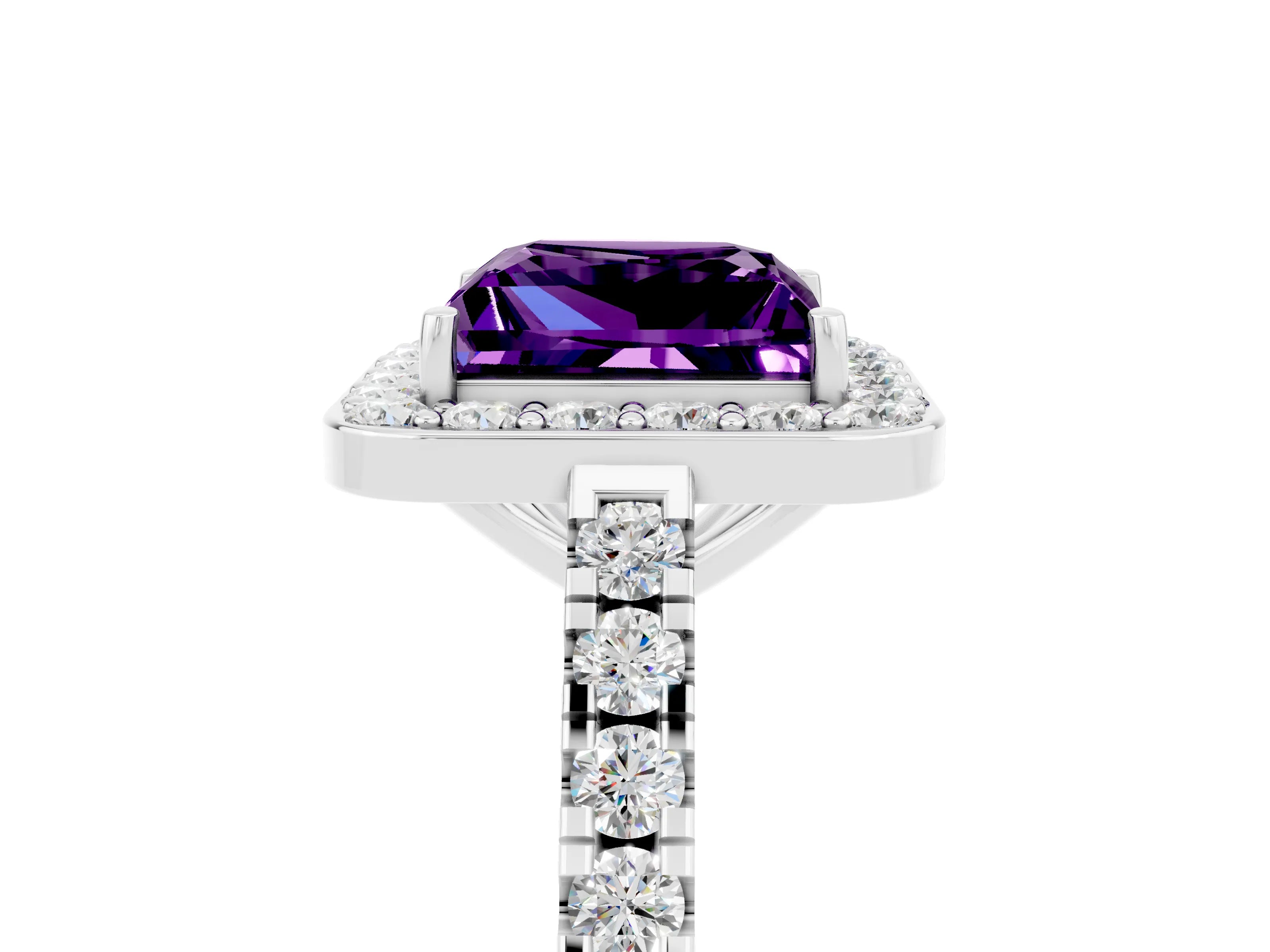 White gold Princess Cut Halo Diamond Ring with Pavé Band and Three-Prong Setting_5