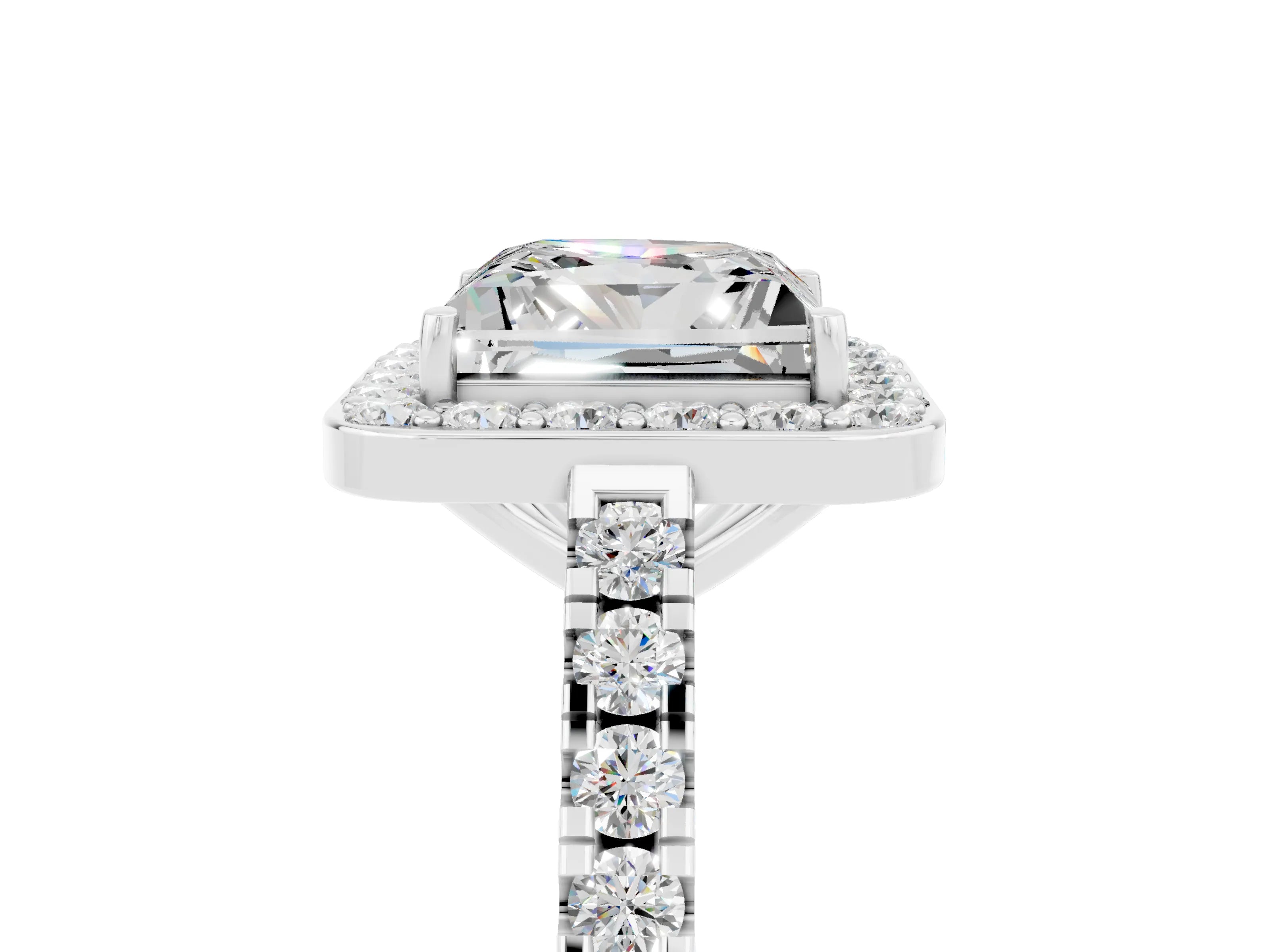 White gold Princess Cut Halo Diamond Ring with Pavé Band and Three-Prong Setting_5