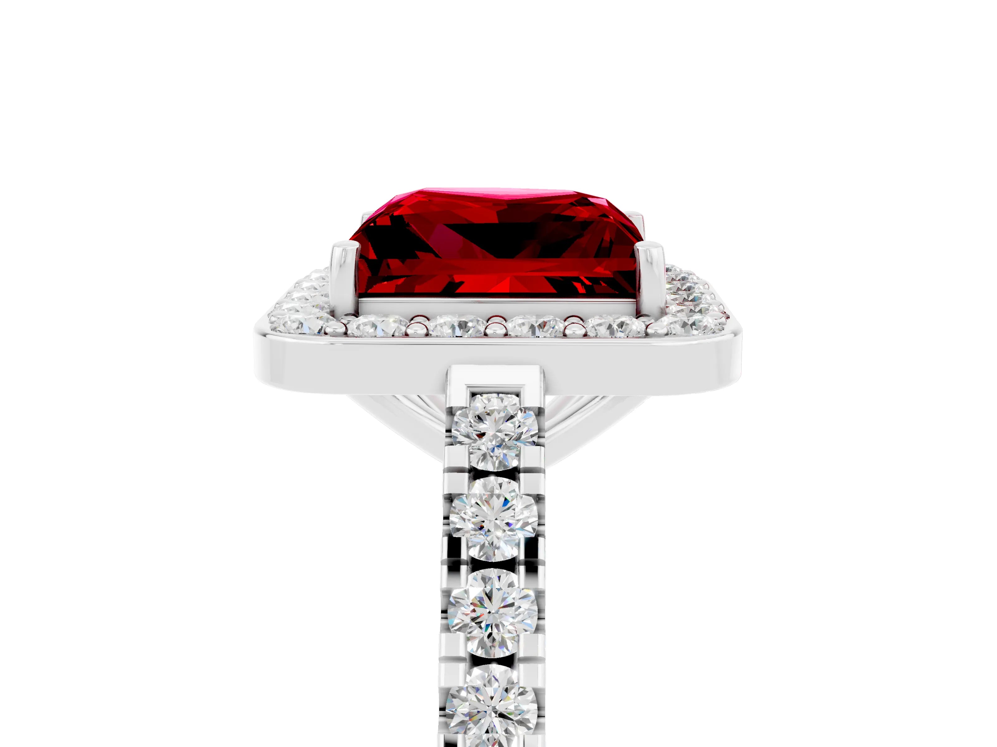 White gold Princess Cut Halo Diamond Ring with Pavé Band and Three-Prong Setting_5