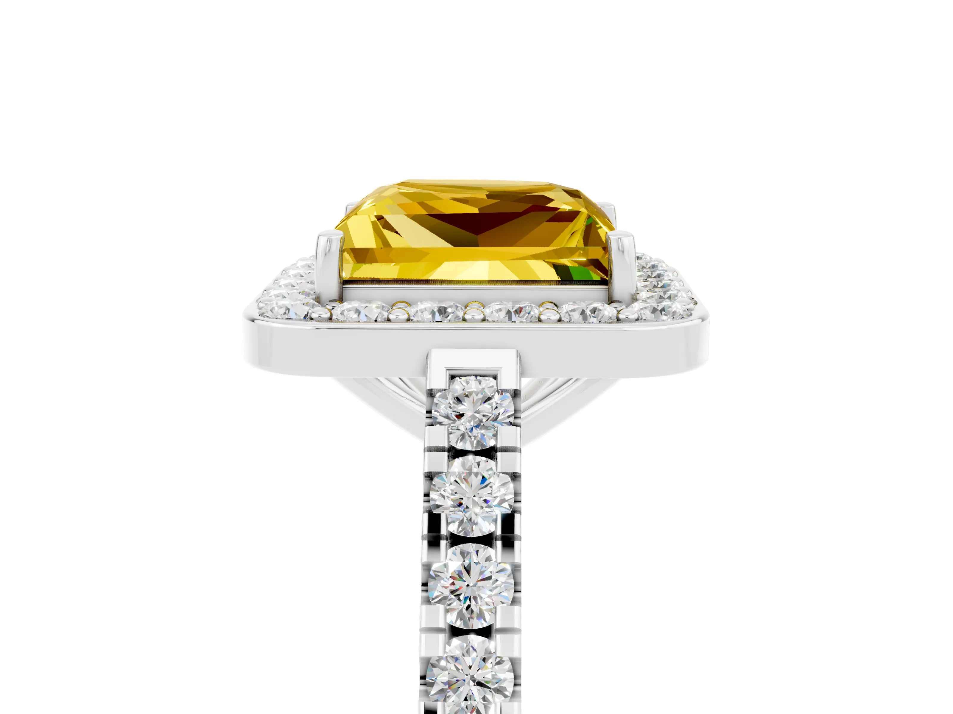 White gold Princess Cut Halo Diamond Ring with Pavé Band and Three-Prong Setting_5