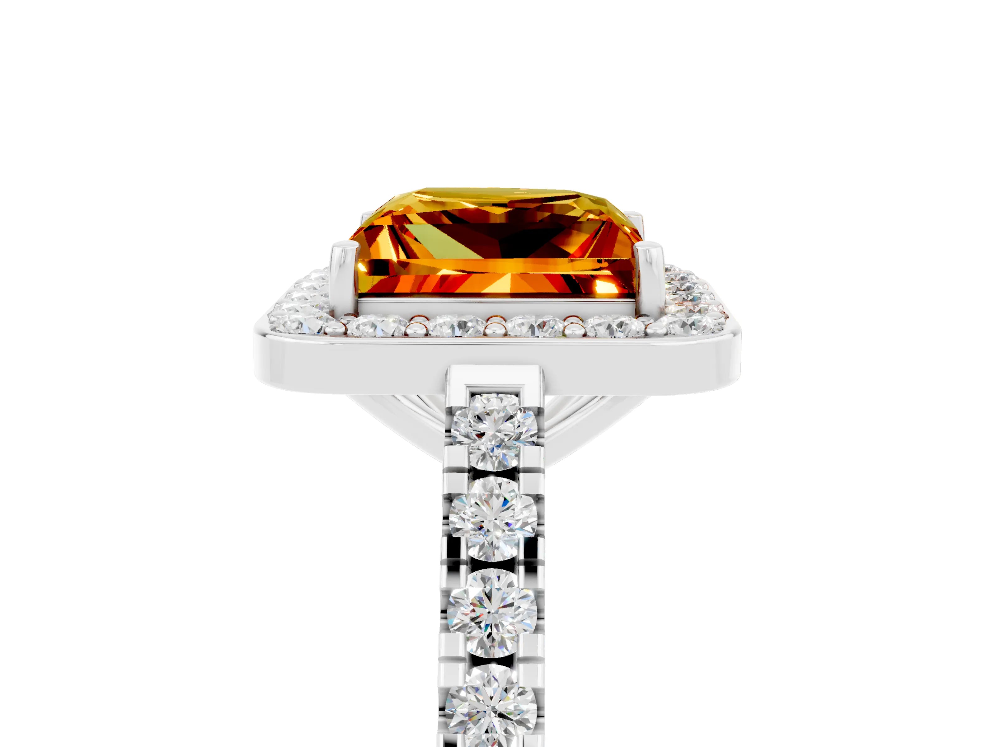 White gold Princess Cut Halo Diamond Ring with Pavé Band and Three-Prong Setting_5