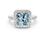 White gold Princess Cut Halo Diamond Ring with Pavé Band and Three-Prong Setting