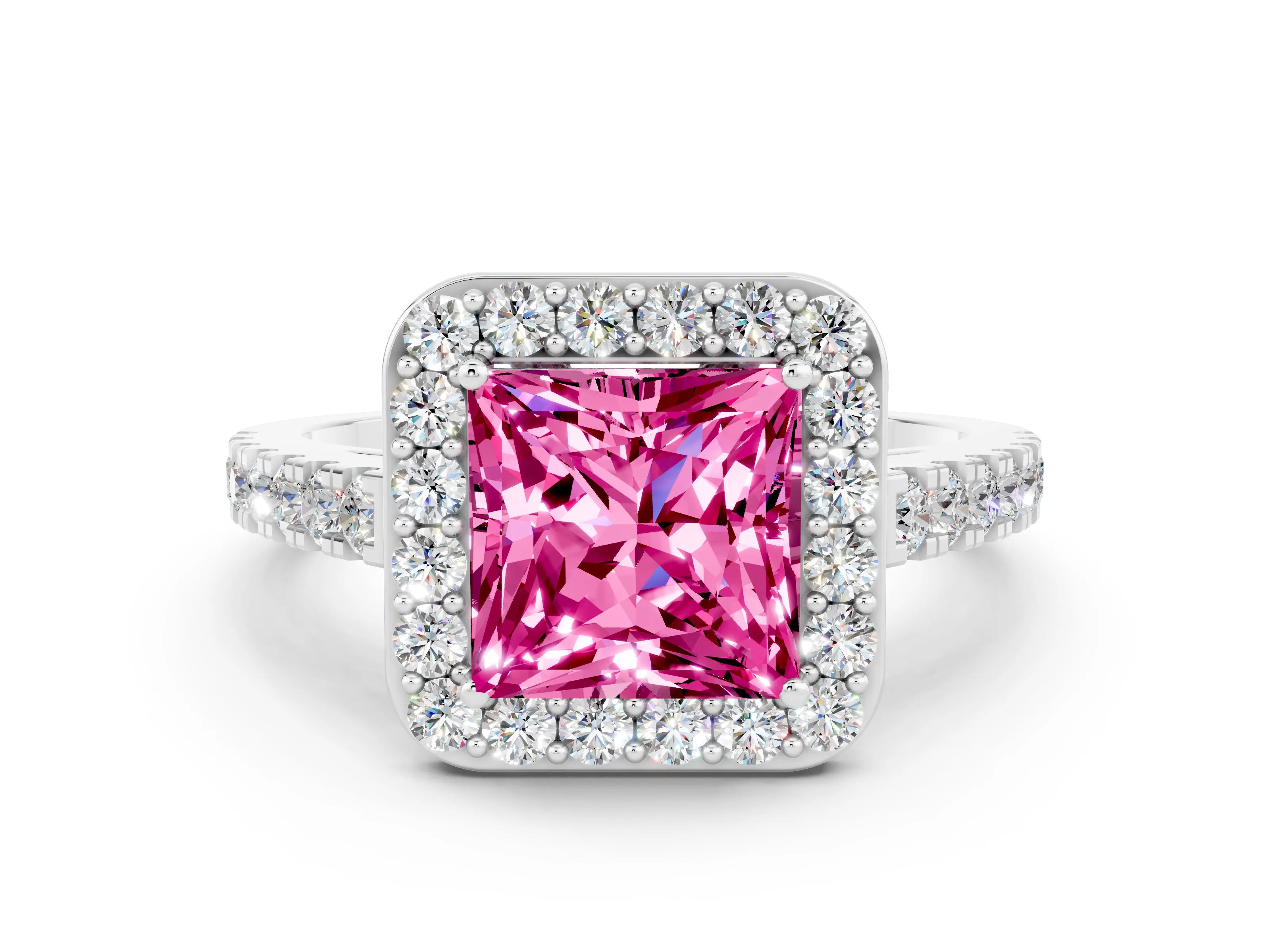 White gold Princess Cut Halo Diamond Ring with Pavé Band and Three-Prong Setting