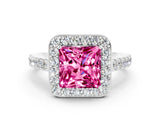 White gold Princess Cut Halo Diamond Ring with Pavé Band and Three-Prong Setting