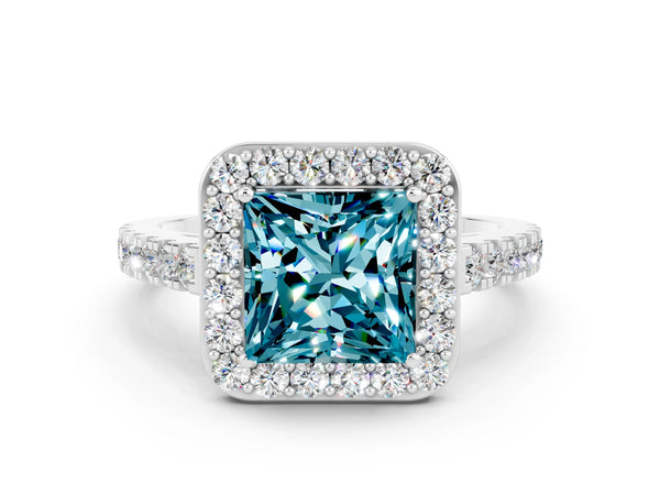 Platinum Princess Cut Halo Diamond Ring with Pavé Band and Three-Prong Setting
