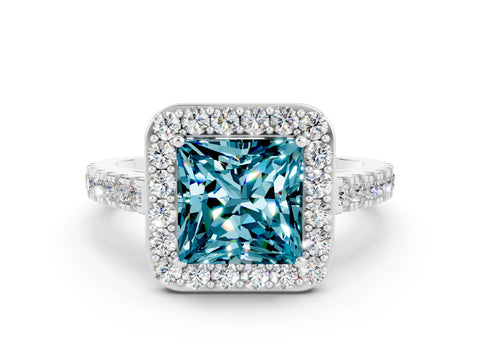 White gold Princess Cut Halo Diamond Ring with Pavé Band and Three-Prong Setting