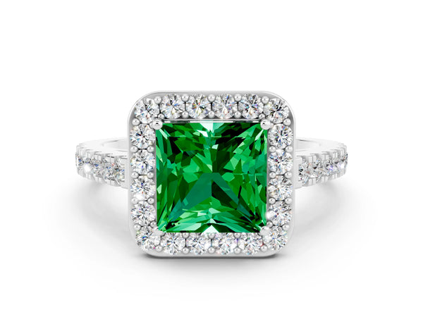 Silver Princess Cut Emerald Halo Ring with Round Pavé Split Shank and Prong Setting