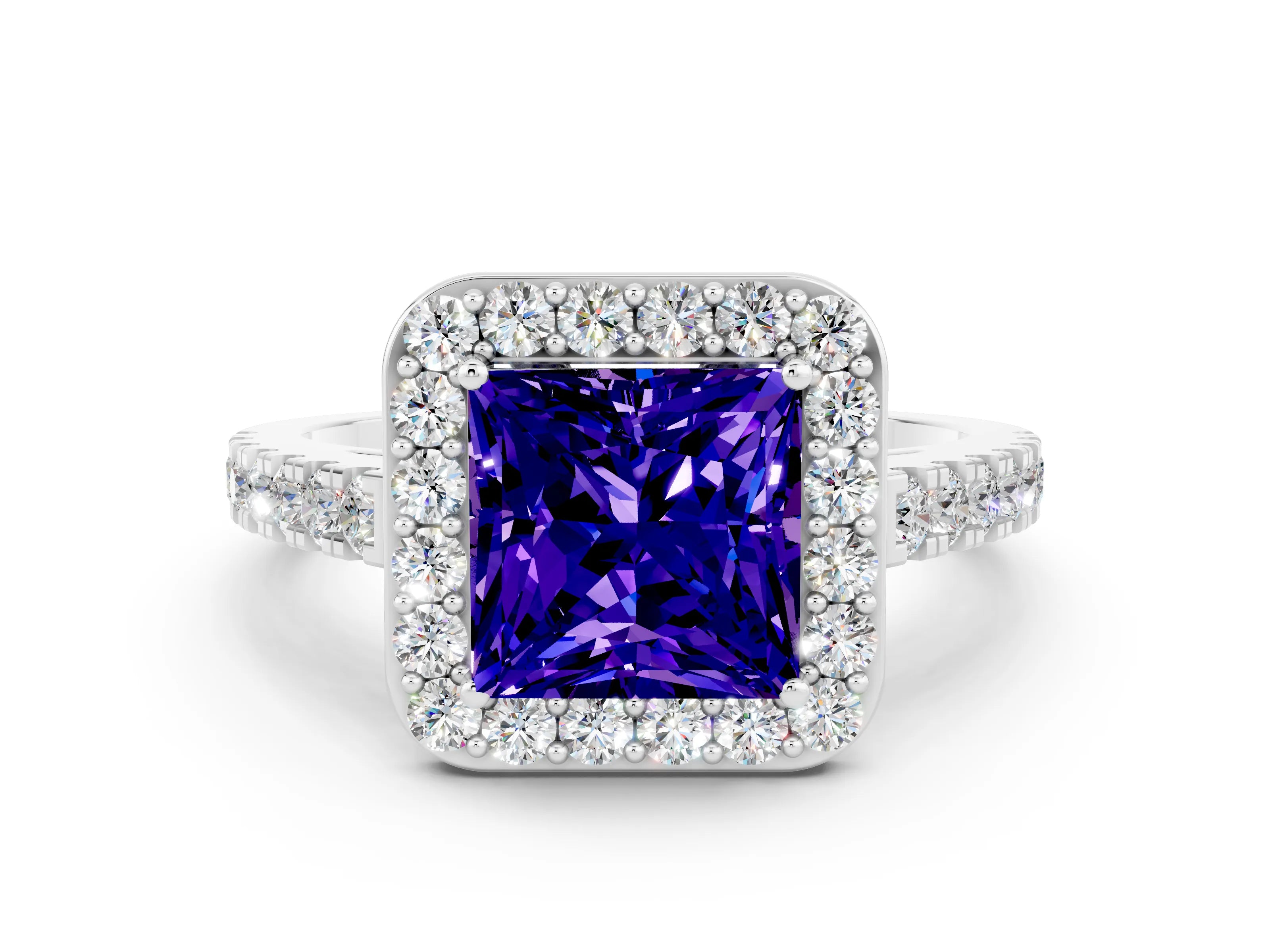 White gold Princess Cut Halo Diamond Ring with Pavé Band and Three-Prong Setting