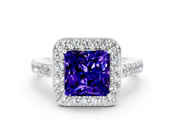 White gold Princess Cut Tanzanite Halo Ring with Round Pavé Split Shank and Prong Setting