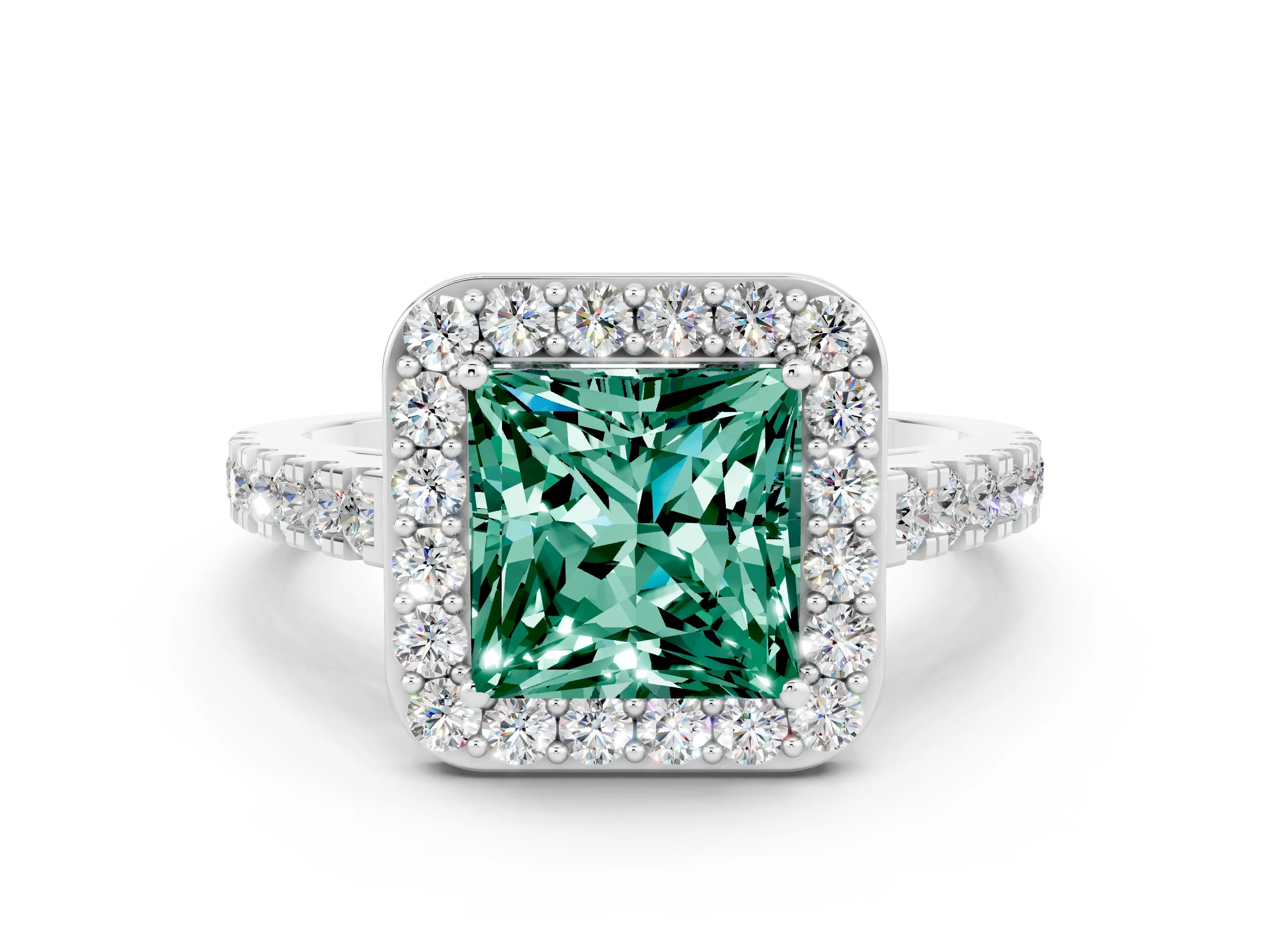 White gold Princess Cut Halo Diamond Ring with Pavé Band and Three-Prong Setting