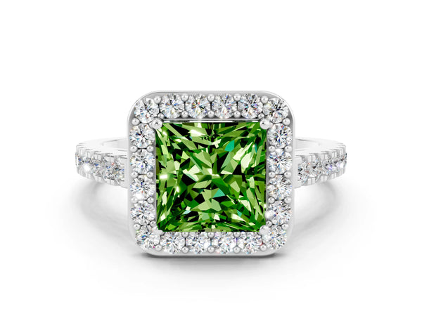Platinum Princess Cut Halo Diamond Ring with Pavé Band and Three-Prong Setting