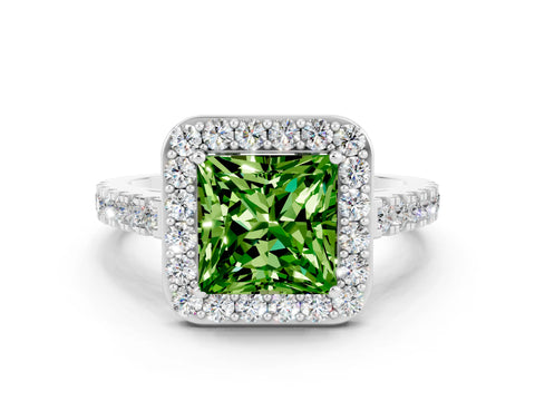 White gold Princess Cut Halo Diamond Ring with Pavé Band and Three-Prong Setting