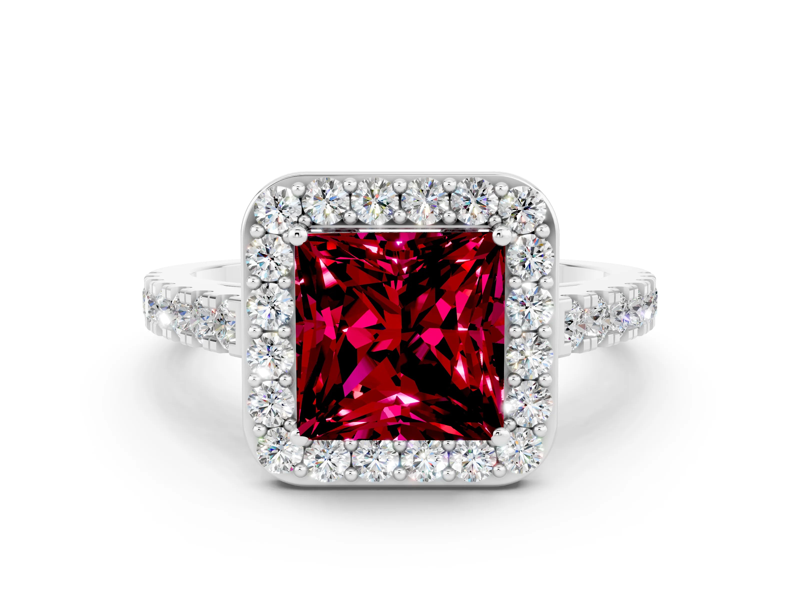 White gold Princess Cut Halo Diamond Ring with Pavé Band and Three-Prong Setting