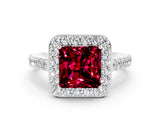 White gold Princess Cut Halo Diamond Ring with Pavé Band and Three-Prong Setting