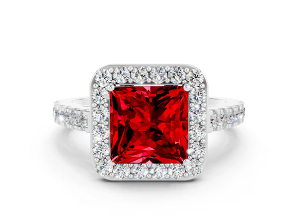 White gold Princess Cut Ruby Halo Ring with Round Pavé Split Shank and Prong Setting