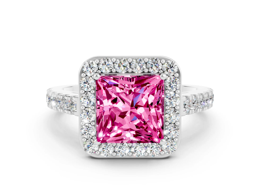 White gold Princess Cut Halo Diamond Ring with Pavé Band and Three-Prong Setting
