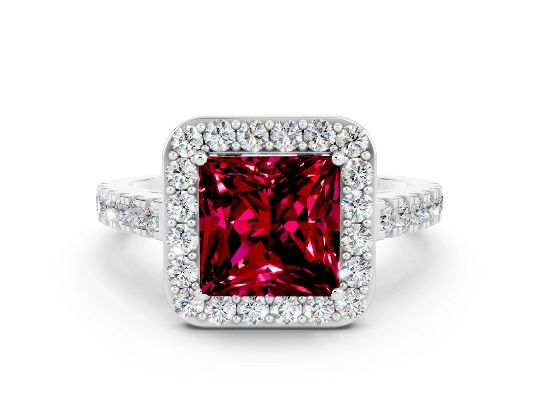 White gold Princess Cut Halo Diamond Ring with Pavé Band and Three-Prong Setting