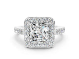 White gold Princess Cut Halo Diamond Ring with Pavé Band and Three-Prong Setting
