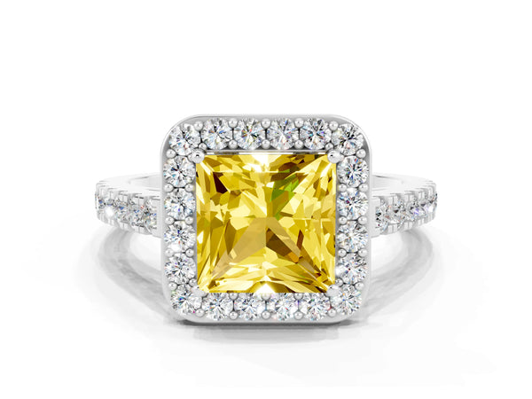 Platinum Princess Cut Yellow Sapphire Halo Ring with Round Pavé Split Shank and Prong Setting