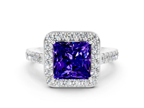 White gold Princess Cut Halo Diamond Ring with Pavé Band and Three-Prong Setting