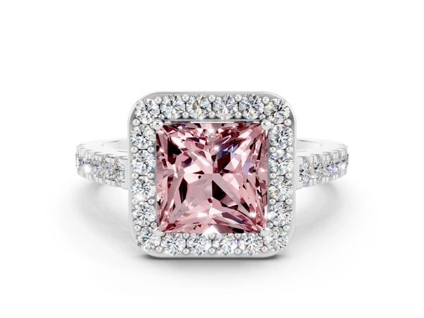 Platinum Princess Cut Halo Diamond Ring with Pavé Band and Three-Prong Setting