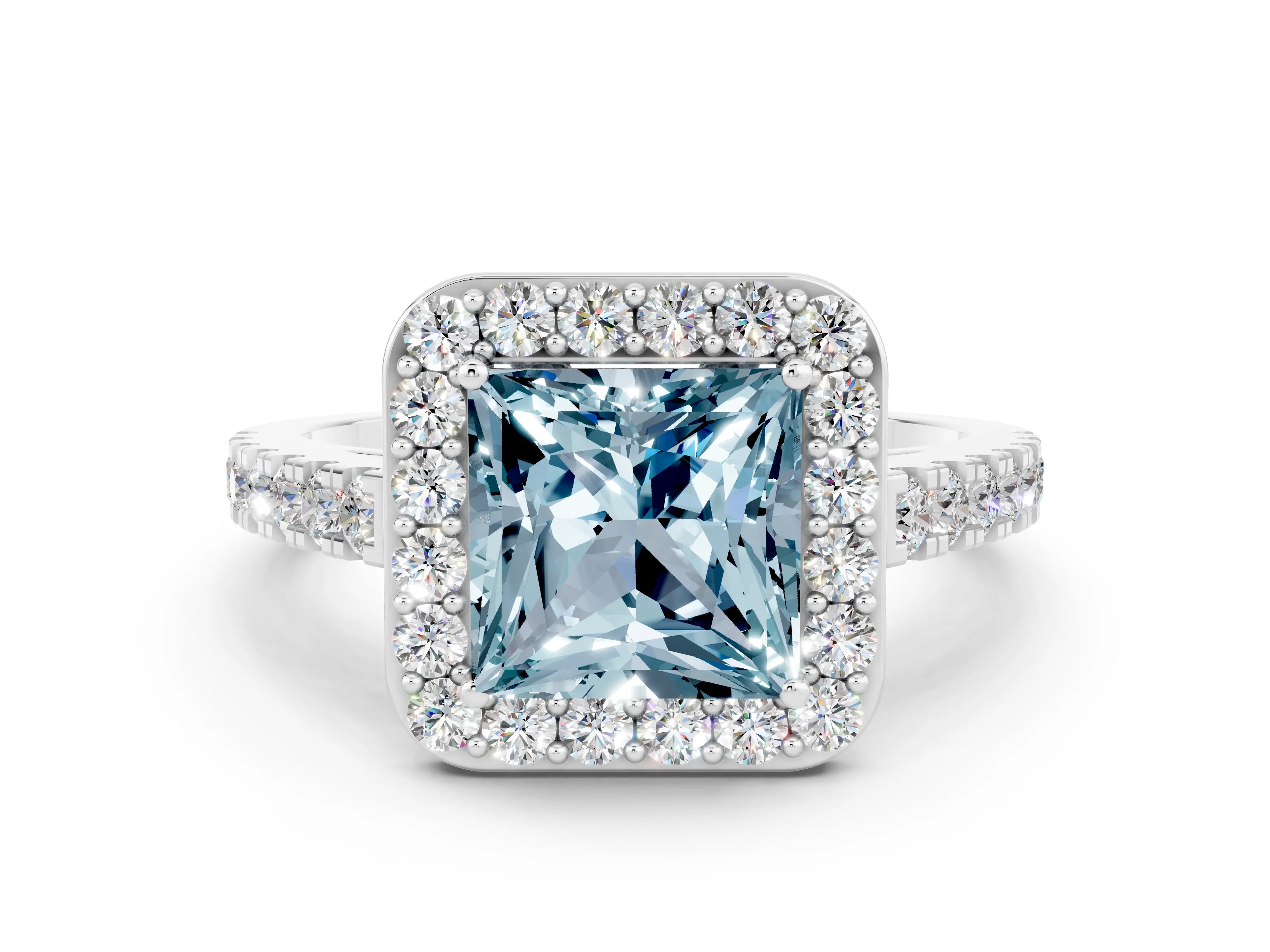 White gold Princess Cut Halo Diamond Ring with Pavé Band and Three-Prong Setting