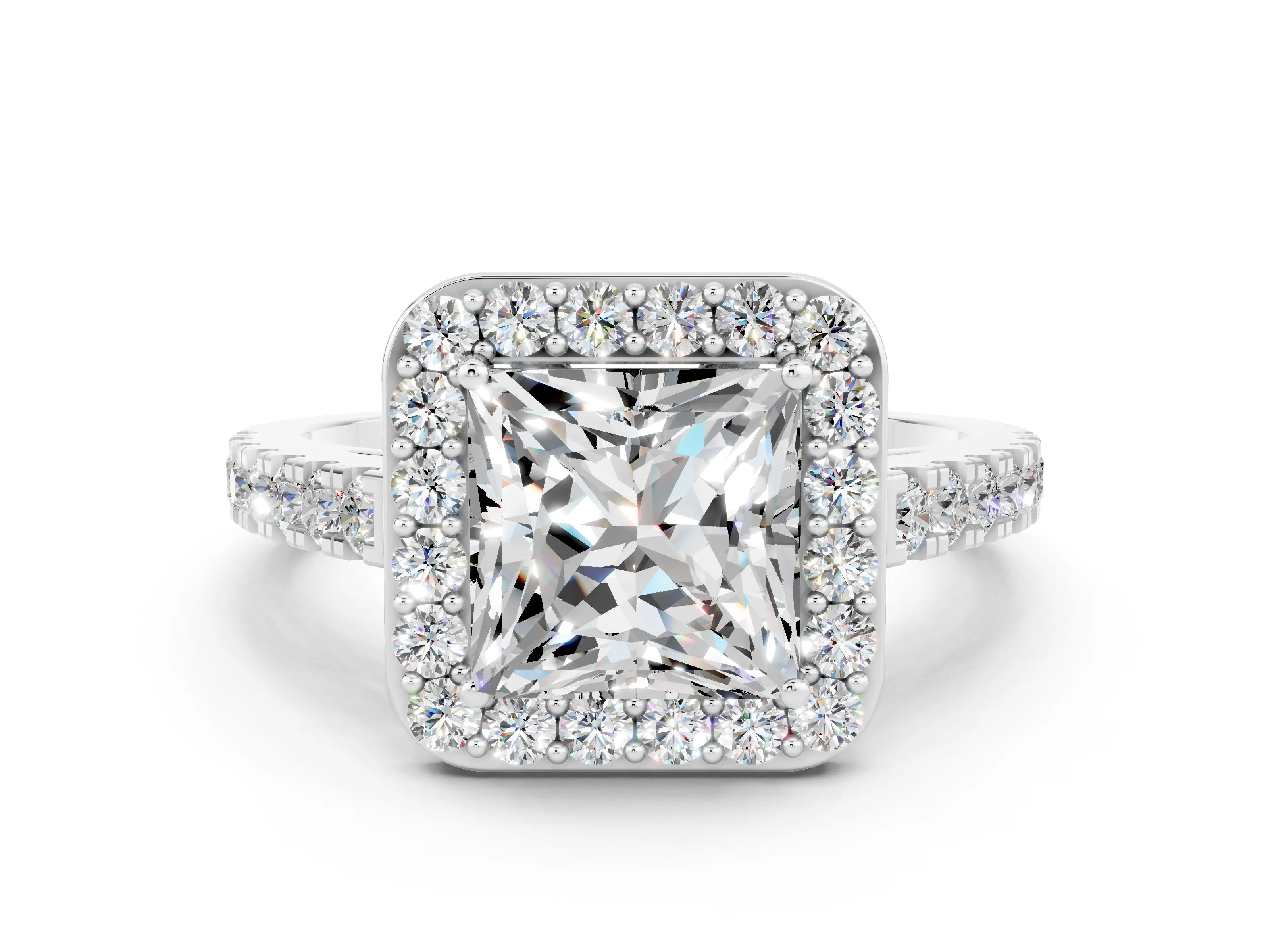 White gold Princess Cut Halo Diamond Ring with Pavé Band and Three-Prong Setting
