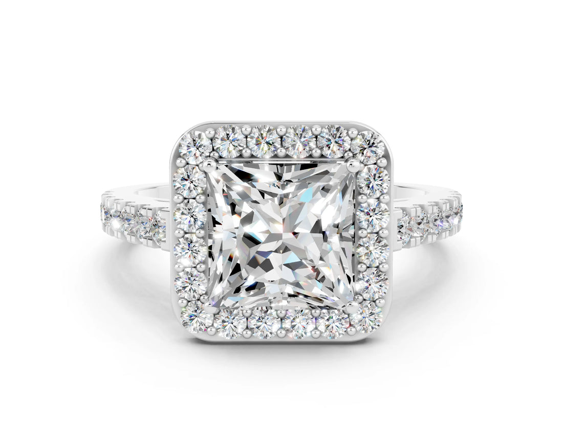 White gold Princess Cut Halo Diamond Ring with Pavé Band and Three-Prong Setting