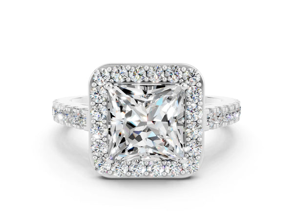 Silver Princess Cut Moissanite Halo Ring with Round Pavé Split Shank and Prong Setting