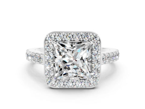 White gold Princess Cut Halo Diamond Ring with Pavé Band and Three-Prong Setting