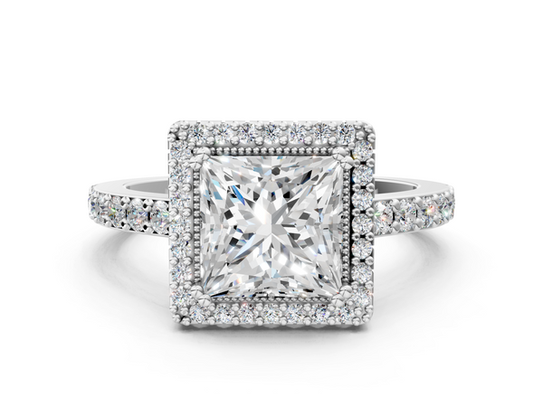 White gold Princess Cut Diamond Halo Engagement Ring with Milgrain Detail and Pavé Band