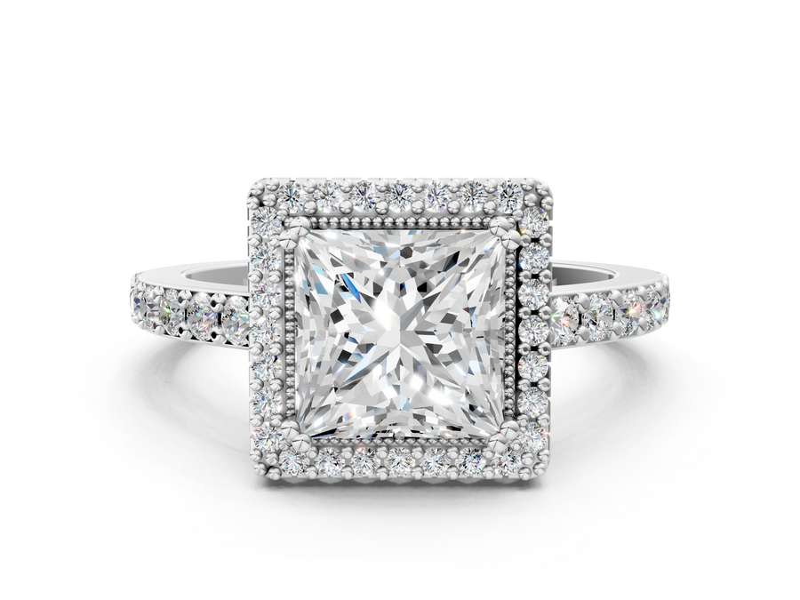 White gold Princess Cut Diamond Halo Engagement Ring with Milgrain Detail and Pavé Band