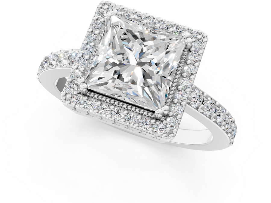 White gold Princess Cut Diamond Halo Engagement Ring with Milgrain Detail and Pavé Band