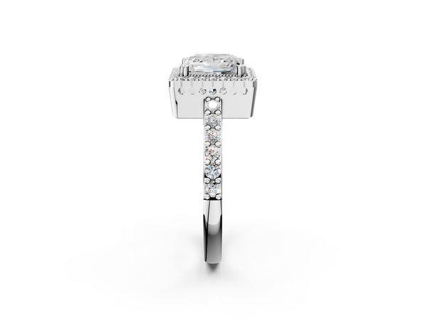 White gold Princess Cut Diamond Halo Engagement Ring with Milgrain Detail and Pavé Band