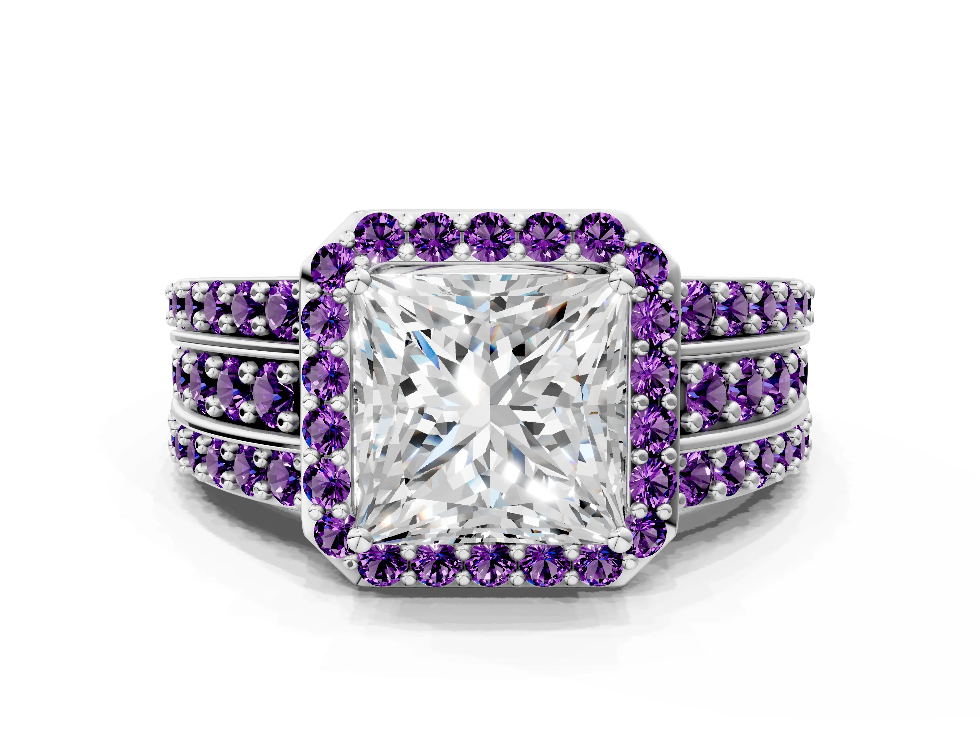 White gold Princess Cut Halo Diamond Ring with Round with Amethyst side stone Split Shank and Prong Setting_24