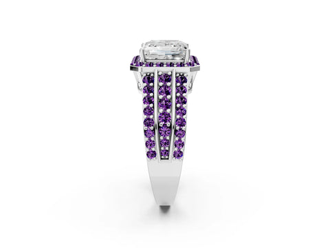 White gold Princess Cut Halo Diamond Ring with Round with Amethyst side stone Split Shank and Prong Setting_26