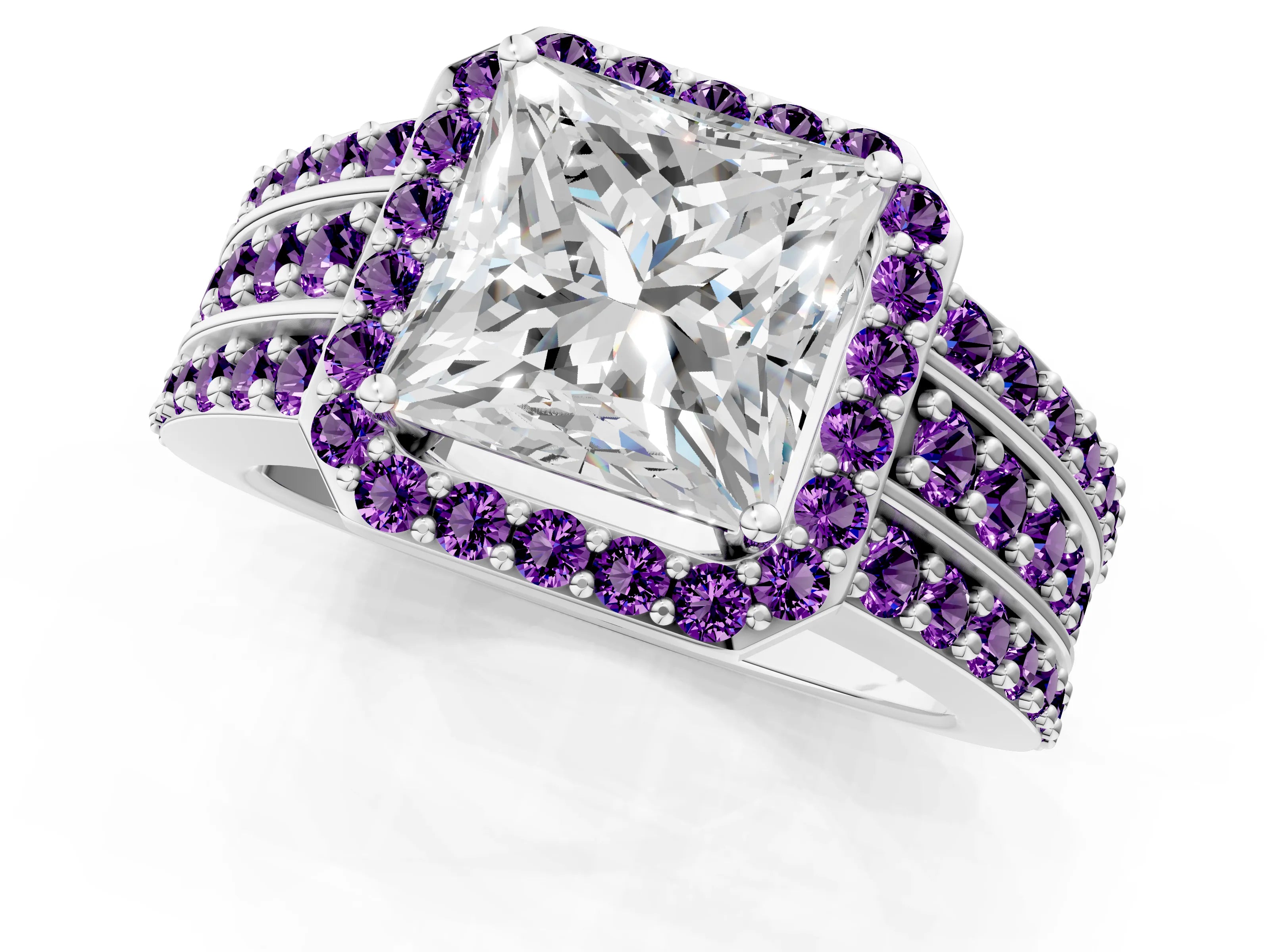 White gold Princess Cut Halo Diamond Ring with Round with Amethyst side stone Split Shank and Prong Setting_49