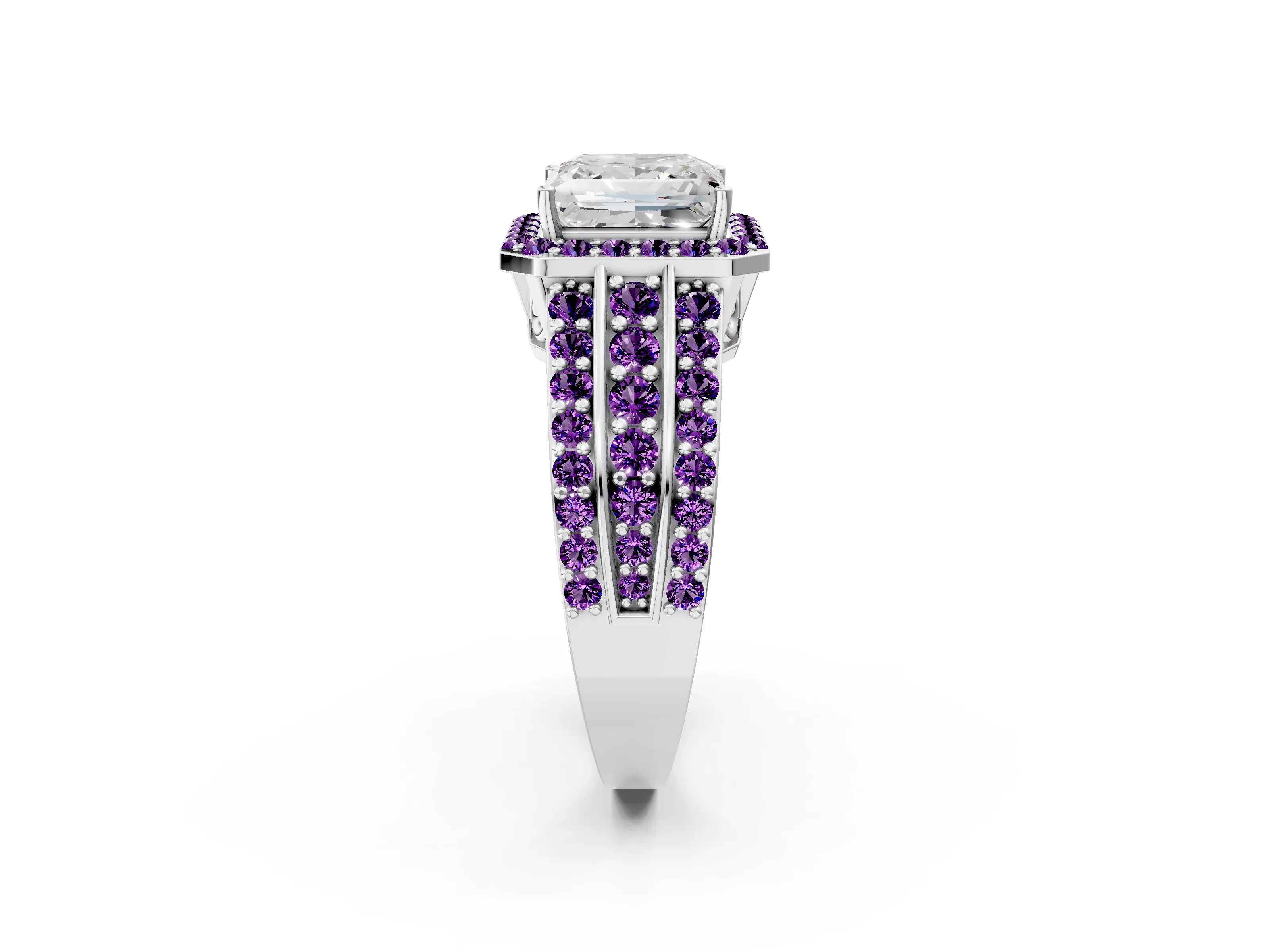 White gold Princess Cut Halo Diamond Ring with Round with Amethyst side stone Split Shank and Prong Setting_50