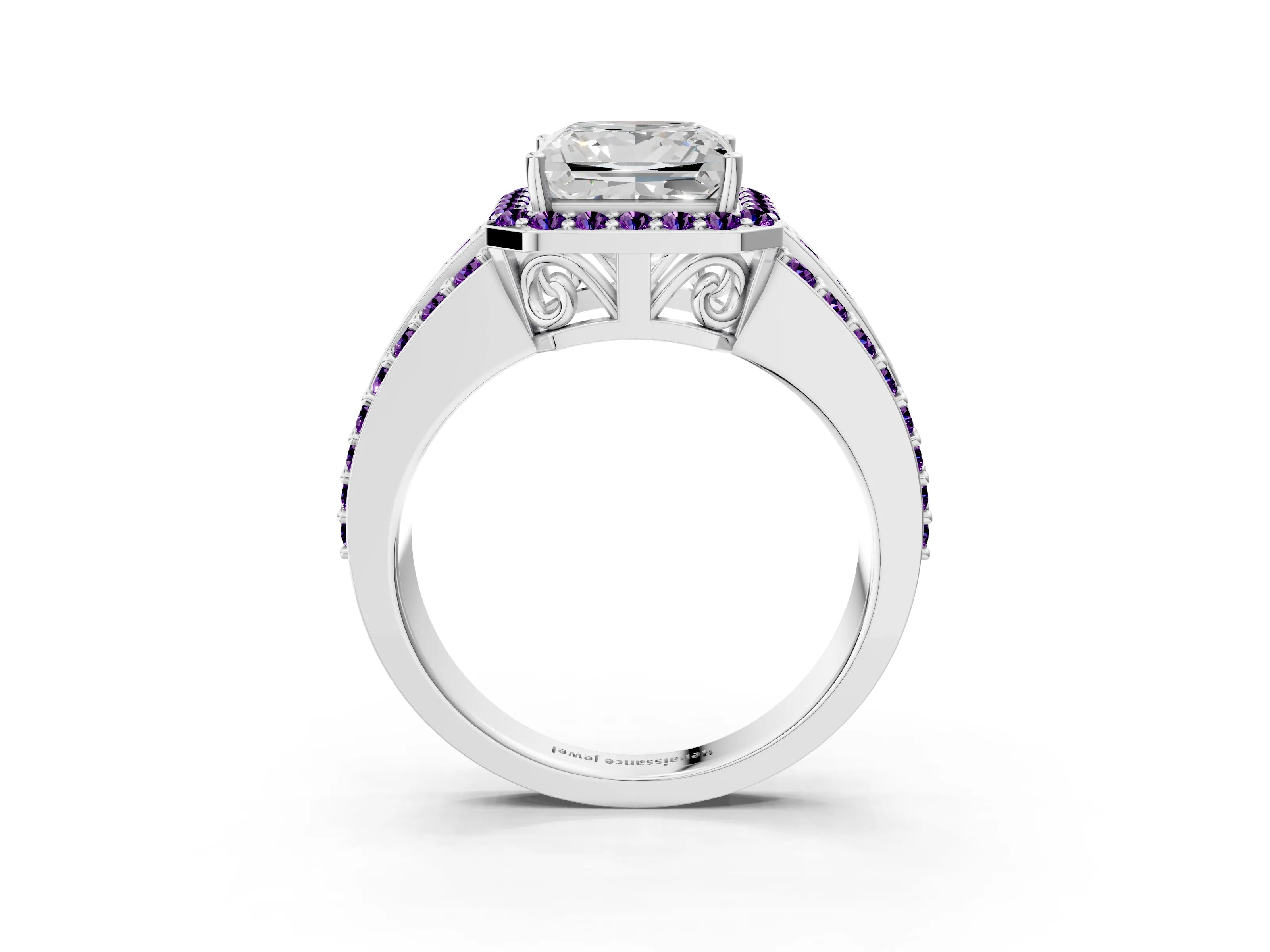 White gold Princess Cut Halo Diamond Ring with Round with Amethyst side stone Split Shank and Prong Setting_51