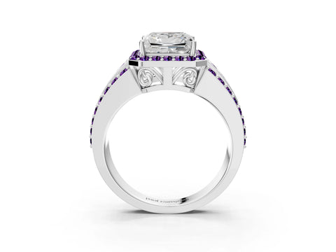 White gold Princess Cut Halo Diamond Ring with Round with Amethyst side stone Split Shank and Prong Setting_51