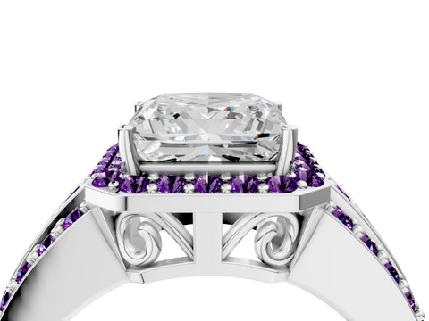 White gold Princess Cut Halo Diamond Ring with Round with Amethyst side stone Split Shank and Prong Setting_52