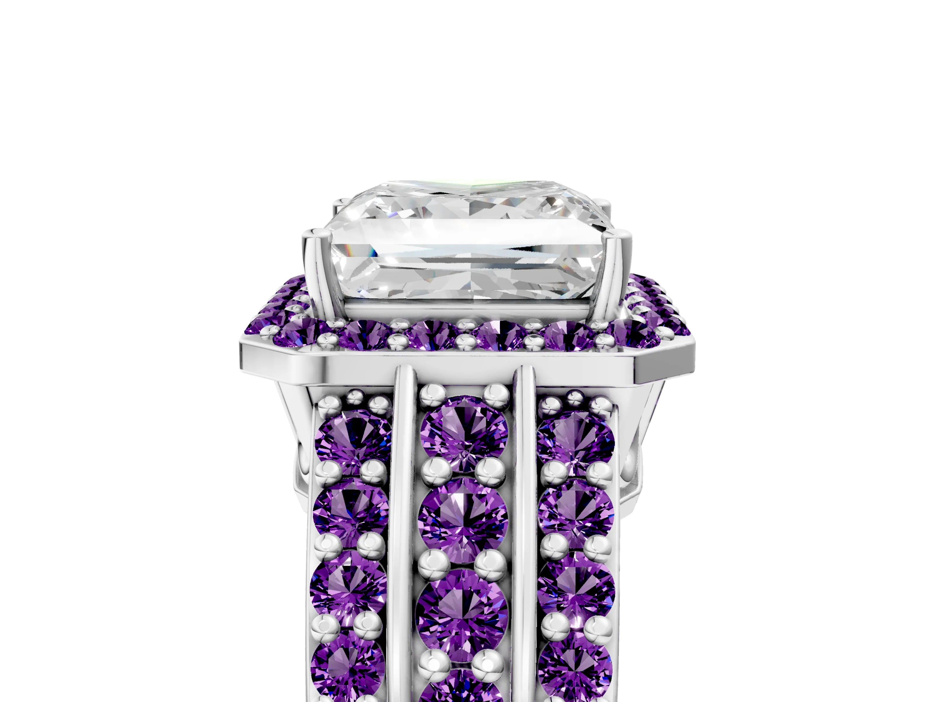 White gold Princess Cut Halo Diamond Ring with Round with Amethyst side stone Split Shank and Prong Setting_53