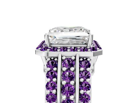 White gold Princess Cut Halo Diamond Ring with Round with Amethyst side stone Split Shank and Prong Setting_53