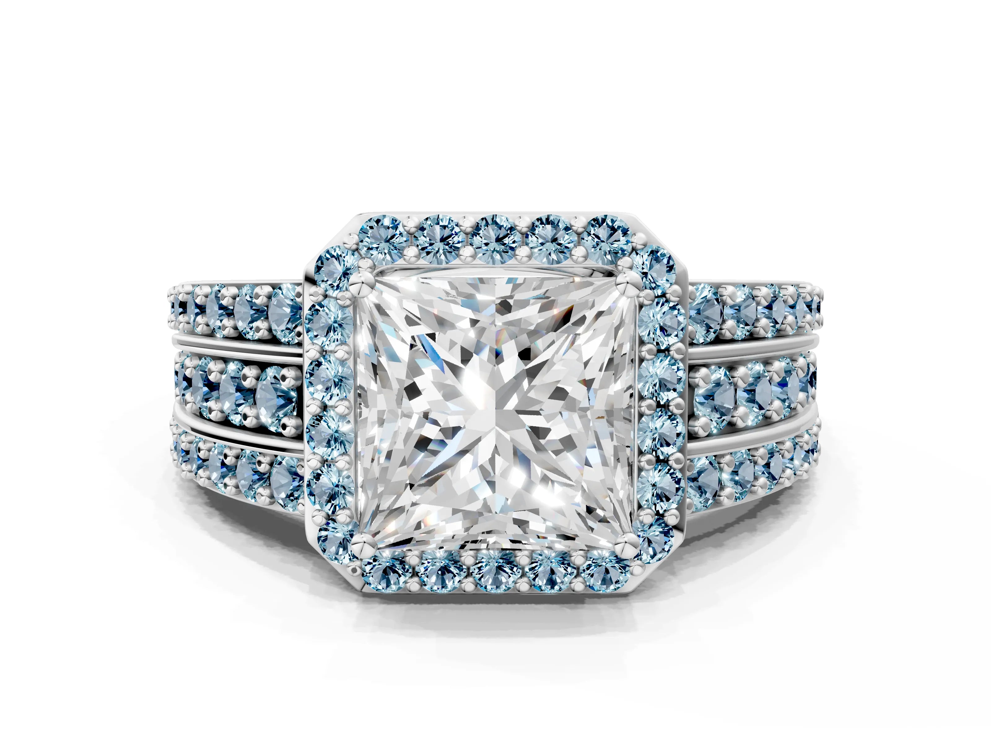 White gold Princess Cut Halo Diamond Ring with Round with Aquamarine side stone Split Shank and Prong Setting